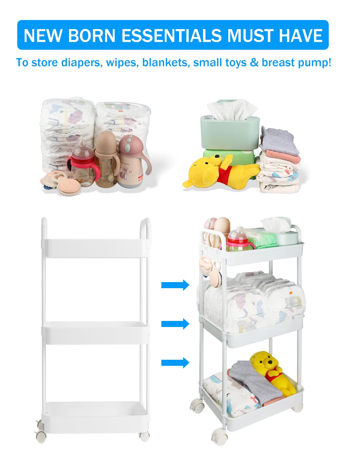 Volnamal Diaper Caddy Organizer, 3-Tier Movable Diaper Cart with Wheels, Newborn Essentials Must Haves, Diaper Caddy for Wipes & Diapers, Baby Registry Search - Plastic White