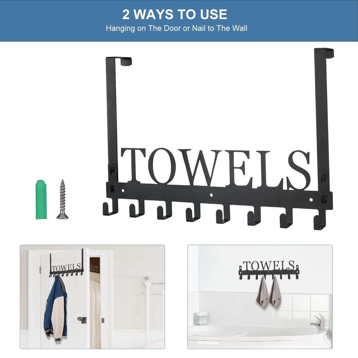 Azmoncy Over The Door Hooks, Towel Rack for Bathroom Towel Holder for Hanging Heavy Duty, Wall Mount Towel Hanger with 8 Hooks for Bedroom Bathroom Pool Kitchen Towels, Bag, Coats, Black