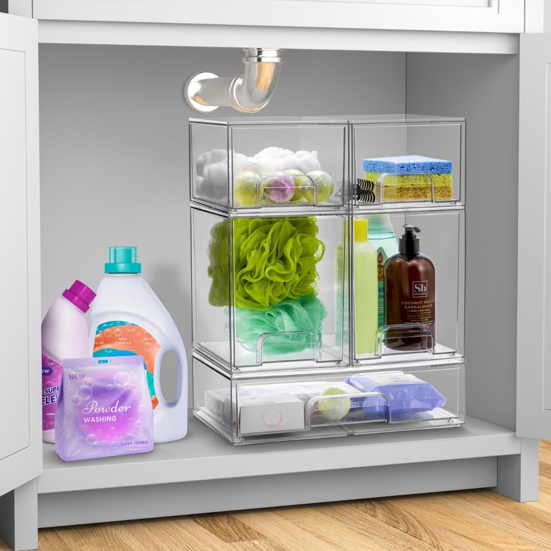 Sorbus Acrylic Storage Containers - 4 Pack, Stackable Storage Bins Set for Bathroom Organization - Clear Acrylic Drawer Organizers - Makeup Case Pull-Out Drawers (4.4’’ Tall)