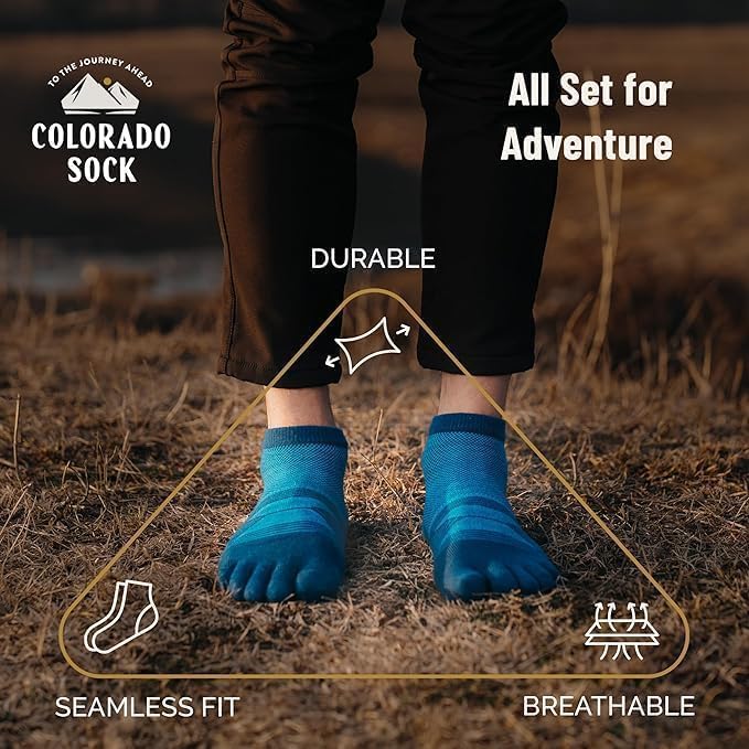 Colorado Sock Company Merino Wool Five Toe Socks for Men and Women, 2 Pair, Moisture Wicking Athletic, Running, Hiking Support, Ankle Height (Large)