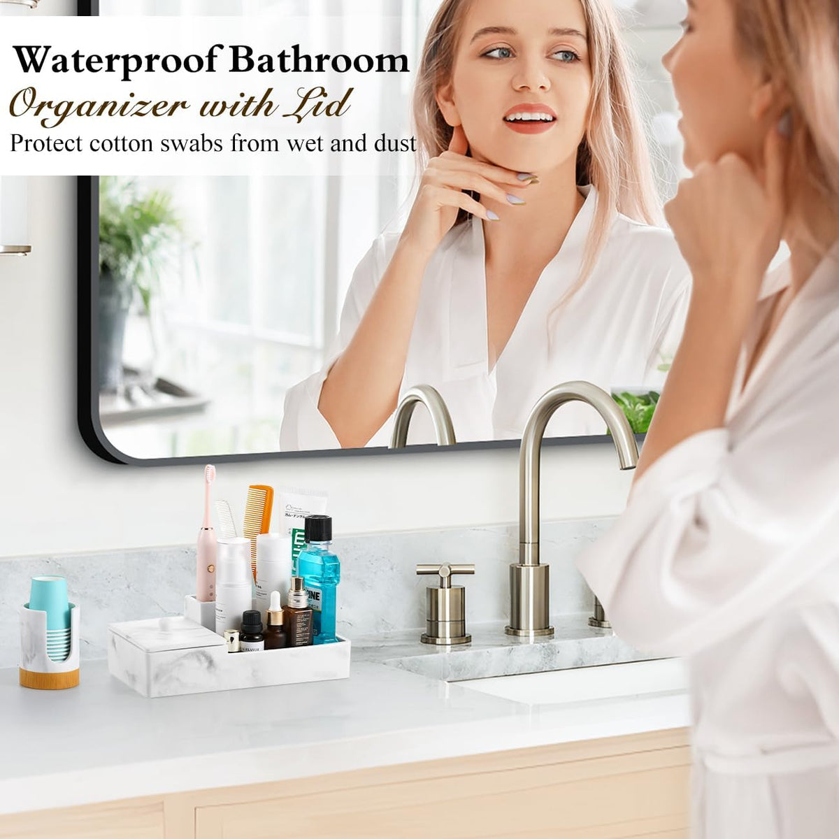 Luxspire Bathroom Counter Organizer, Marble Toothbrush Holder for Bathroom 6 Slot, Bathroom Vanity Organizer with Lid, Bathroom Organizer Countertop for Cotton Ball, Q-Tips, Floss, Gravel White