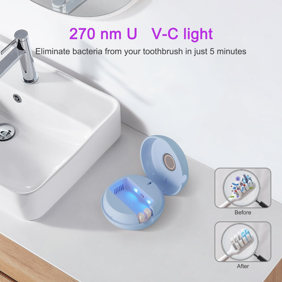Toothbrush Holder, Toothbrush Cleaner Case, Portable USB Charging Toothbrush Cover with U V-C Light, Travel Toothbrush Holder (Blue-Mirror)