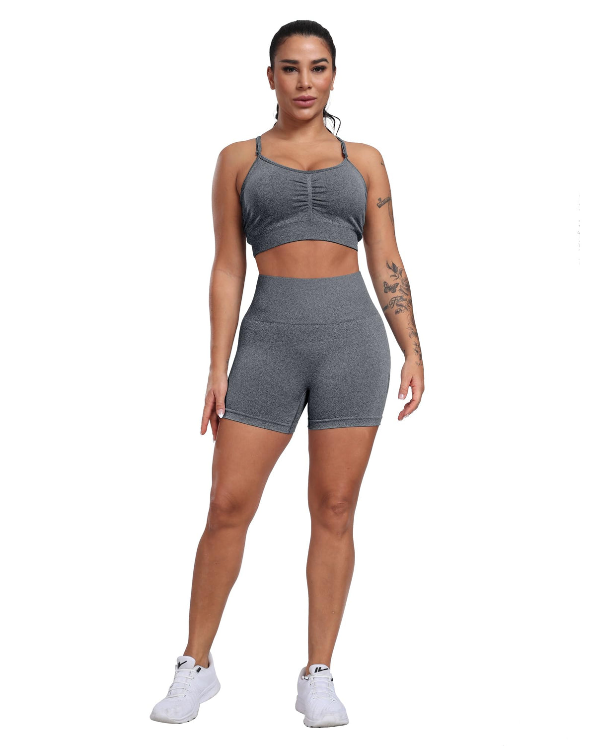 CHRLEISURE Women's 4 Packs Workout Gym Shorts, High Waisted Butt Lifting Scrunch Butt Seamless Booty Shorts(Black,Black,DGray,Wine,S)