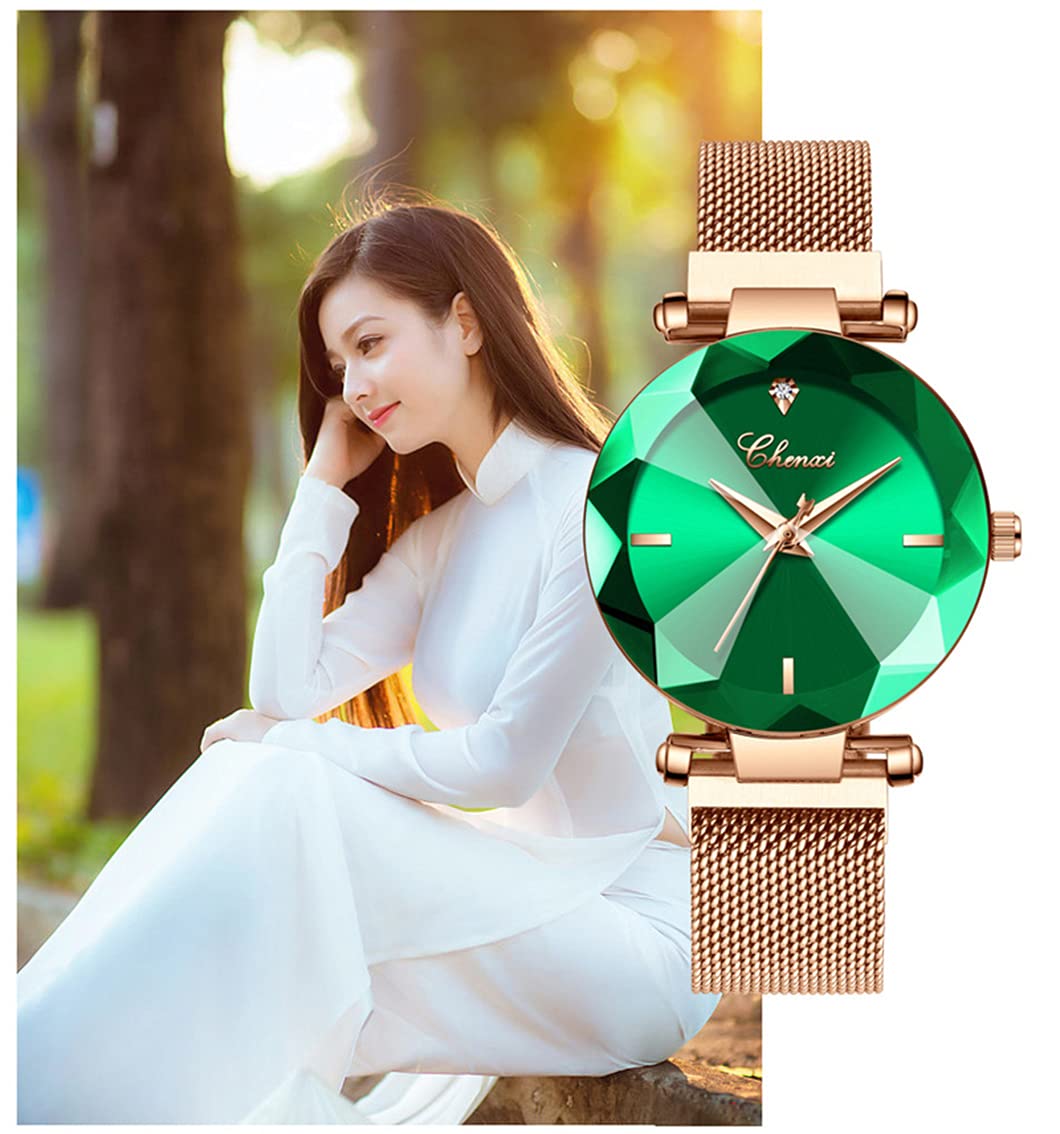 SENRUD Women's Watches Fashion Shine Crystal Cutting Mirror Wrist Watch Rose Gold Stainless Steel Mesh Band Waterproof Analog Quartz Watches (A Green)