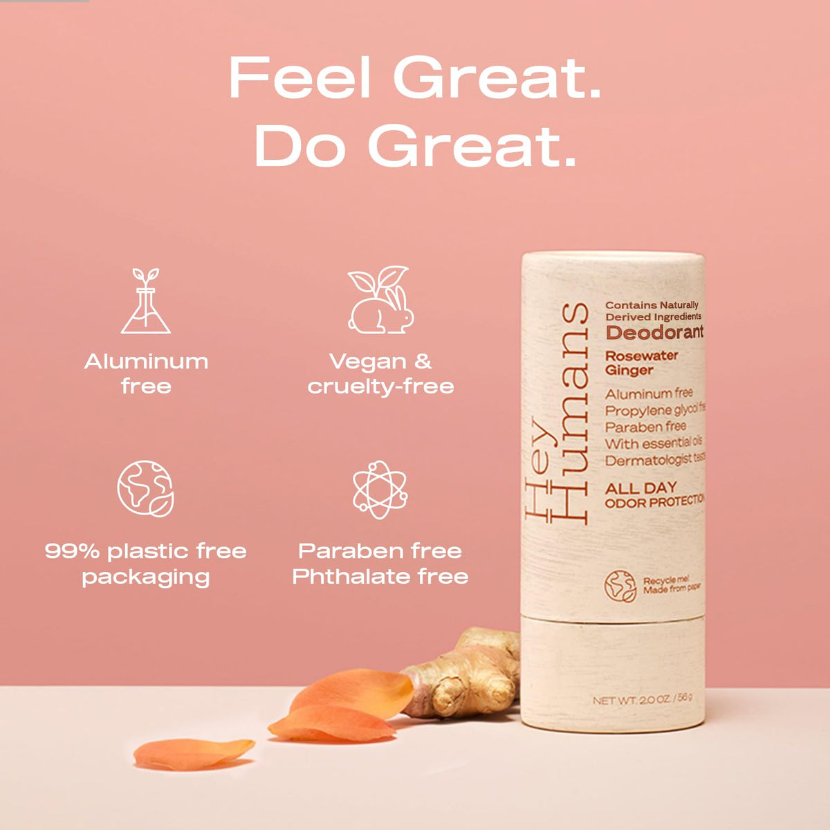 Hey Humans Deodorant, Aluminum Free Deodorant for Women and Men, Contains Naturally Derived Ingredients, All Day Odor Control, Refreshing Essential Oils, Pack of 2, Rosewater Ginger