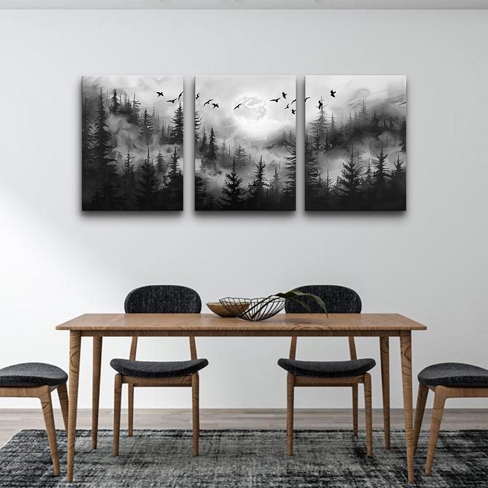 DZRWUBHS Black And White Wall Paintings Wall Art For Living Room Canvas Wall Decor For Bedroom Modern Office Decorations Misty Forest Landscape Abstract Wall Pictures Wall Hanging Room Home Decor