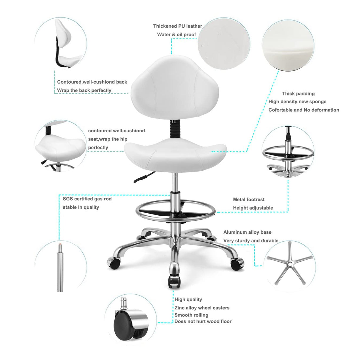 Kaleurrier Ergonomic Drafting Chair with Back Support,Multi-Functional Height Adjustable Swivel Rolling Stool,Multi-Purpose Home Office Desk Chair (White)