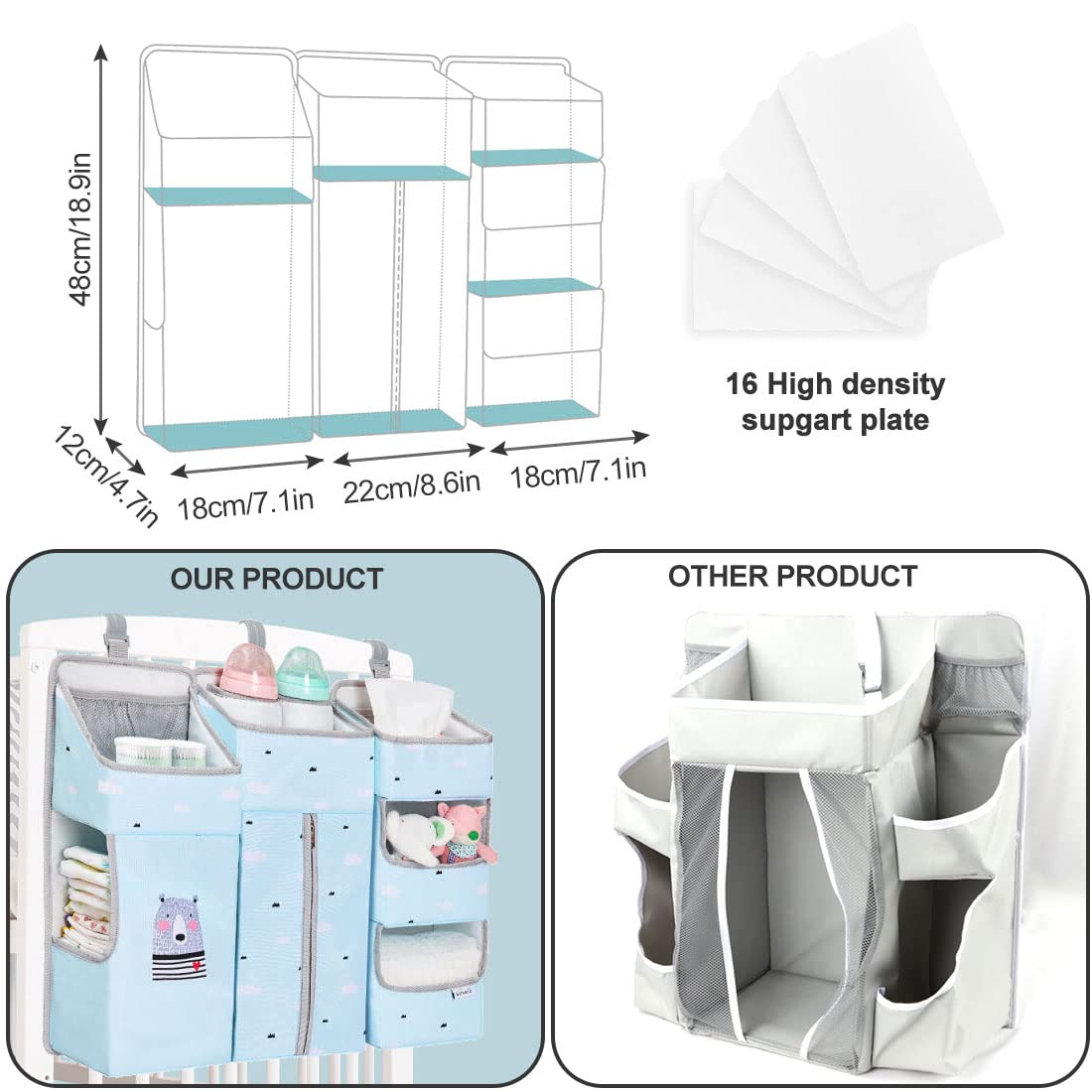 TOCKONIMN Hanging Diaper Caddy Organizer for Baby Crib - 3-in-1 Diaper Stacker for Changing Table Nursery Organization Storage Holder for Baby Essentials Attachment Portable Combining (Sky Blue)