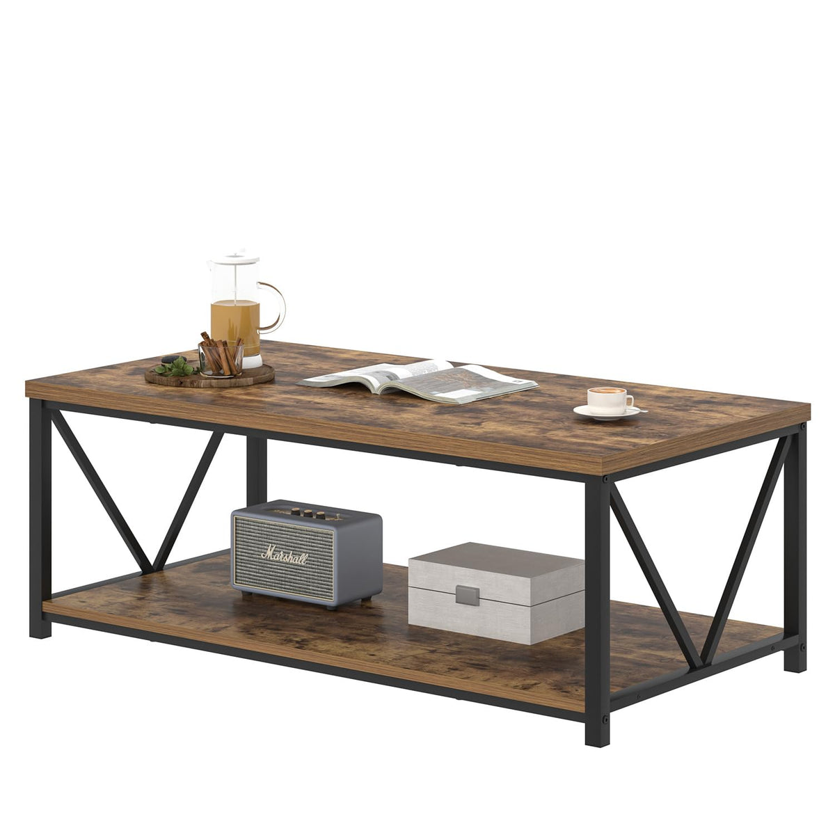 EXCEFUR Modern Coffee Table, Rustic Wood and Metal Living Room Table with Storage Shelf, Industrial Rectangle Center Table, 47 Inch Brown