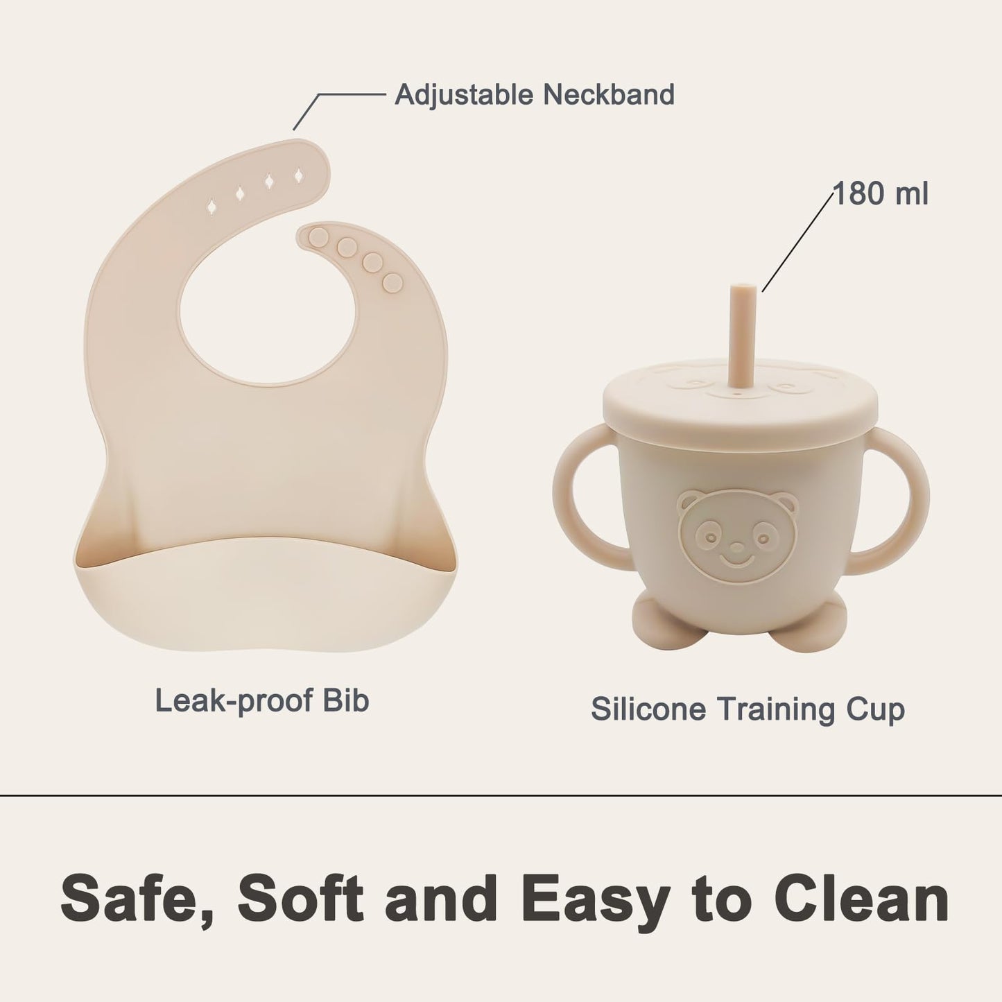 Munlinder Silicone Baby Feeding Set | Baby Led Weaning Supplies Includes Suction Bowls and Divided Plates, Adjustable Bib, Baby Utensils Spoons and Forks,Cup | Baby Feeding Essentials (Beige)