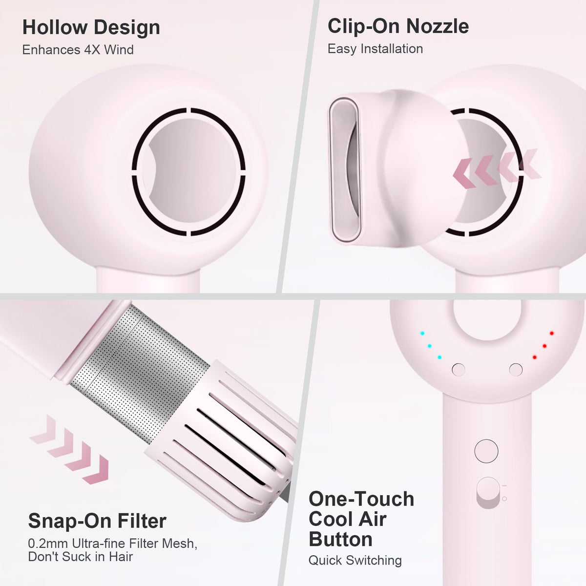 High Speed Hair Dryer, 160000 RPM Brushless Motor 500 Million Negative Ionic Blow Dryer, Travel Fast Drying Hairdryer, Low Noise, Lightweight, Blowdryer with Nozzle, Home Use,Pink