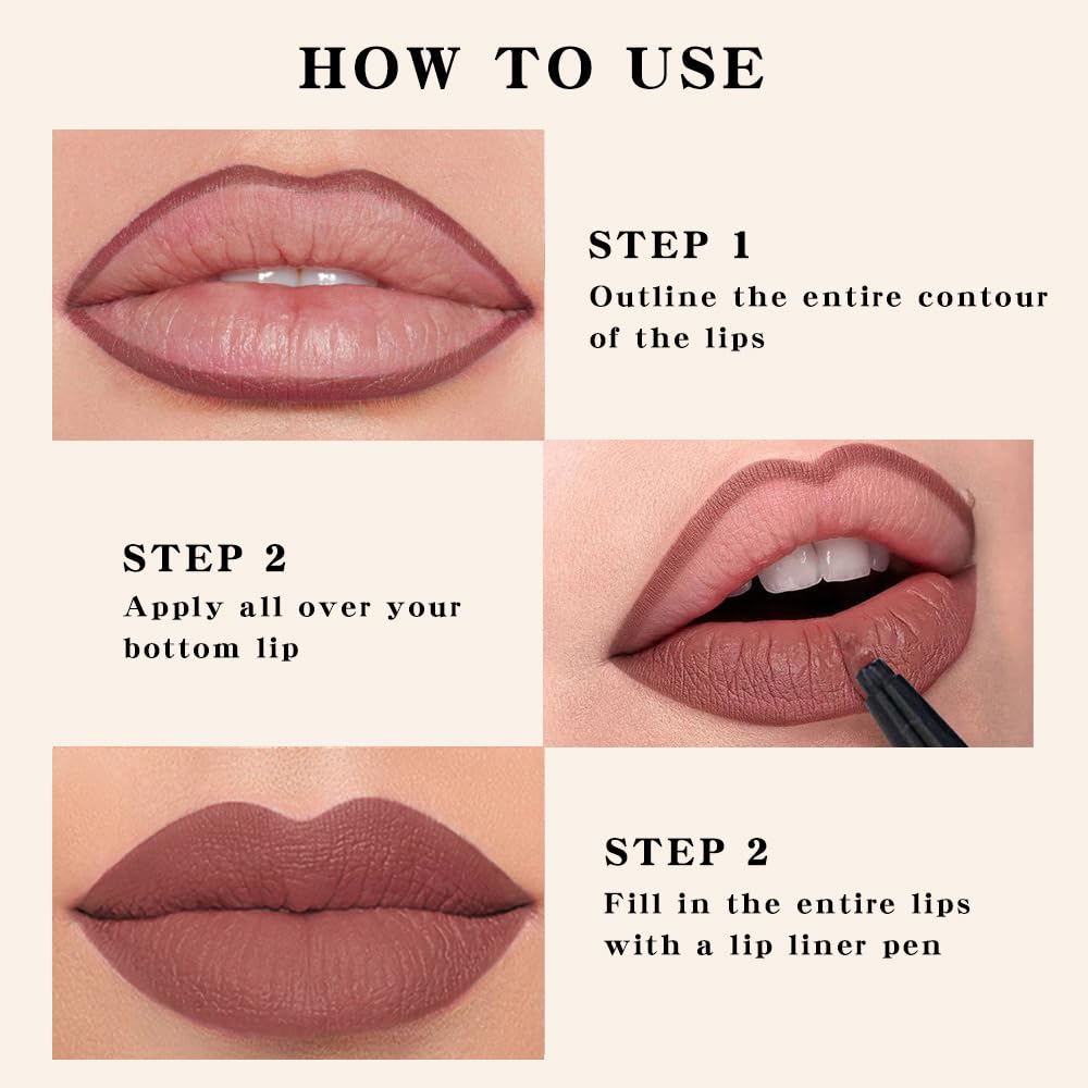 evpct Longwear Liquid Lip Liner Stain Marker Pen Long Lasting Waterproof, Maroon Dusty Mauve Matte Semi Permanent 24 Hour Lip Liner and Lipstick Combo, Color Stay Lipliner All Day, Lips Stain peel off