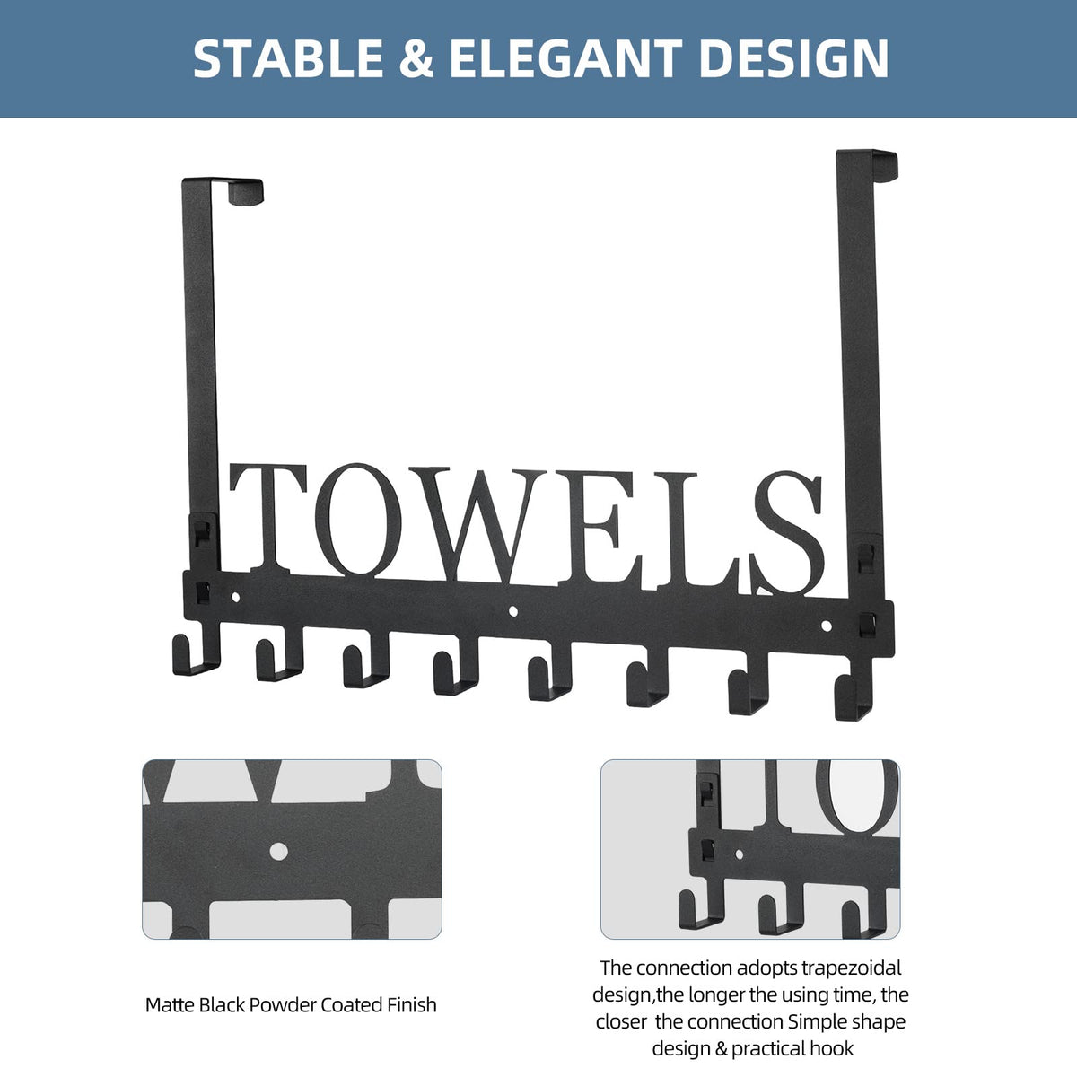 Azmoncy Over The Door Hooks, Towel Rack for Bathroom Towel Holder for Hanging Heavy Duty, Wall Mount Towel Hanger with 8 Hooks for Bedroom Bathroom Pool Kitchen Towels, Bag, Coats, Black