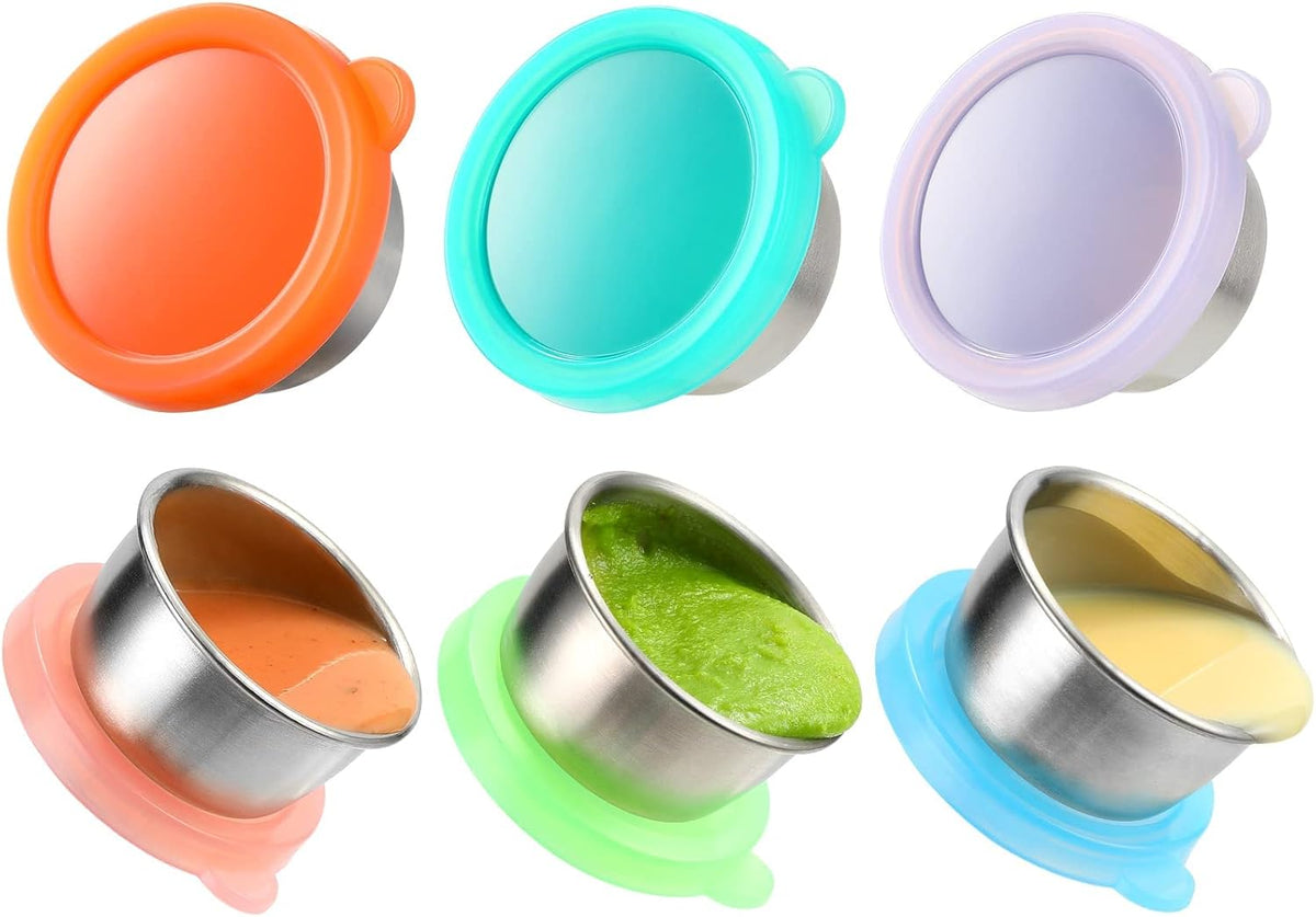Salad Dressing Container To Go, 6x1.6 oz Small Containers with Lids Stainless Steel Sauce Containers, Fits in Bento Box for Lunch, Premium Silicone, Leak Proof, Easy Open Reusable Condiment Cups