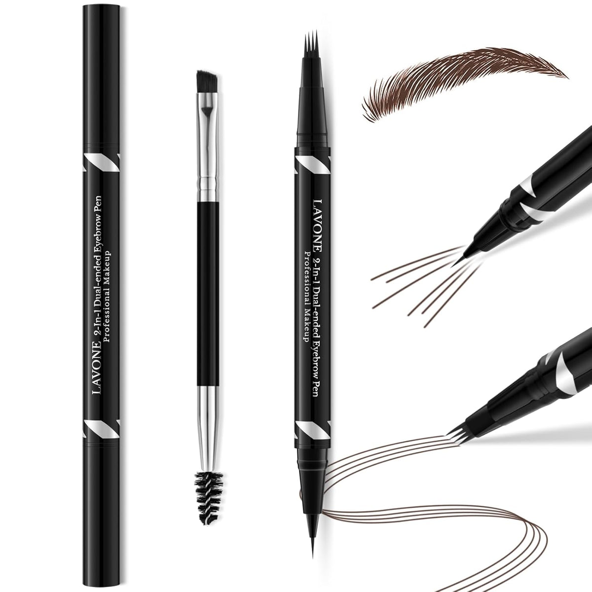 LAVONE 2-IN-1 Dual-ended Waterproof Eyebrow Pencil, 4 Tip Microblading Pen and Ultra-Precise Brow Pencil, Dual-ended Eyebrow Brush, Natural Looking - Chocolate