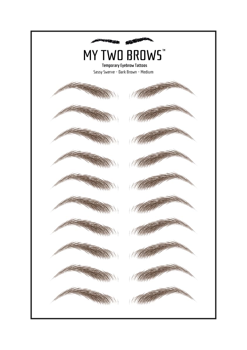 (10 pairs) Dark Brown Temporary Eyebrow Tattoos Waterproof - Medium Size - Sassy Swerve Style Eyebrow Stickers - Sheet Lasts up to 30 Days - Won't Work on Existing Brows