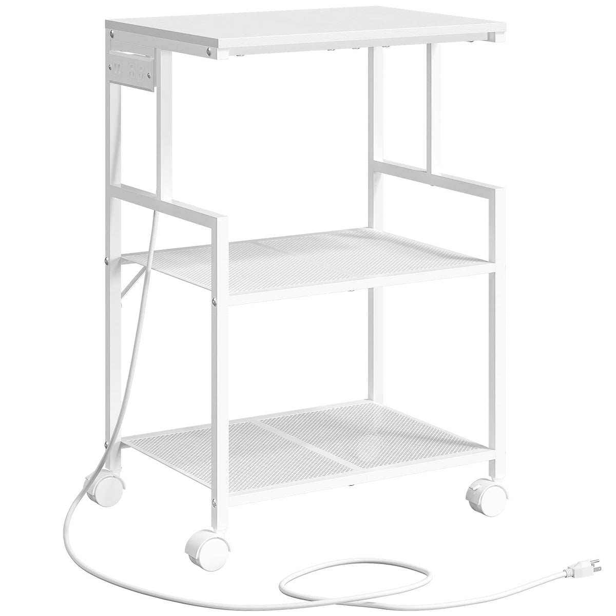 MAHANCRIS Mobile Printer Stand, 3-Tier Industrial Printer Cart with 2 AC Outlets and 2 USB Ports, Rolling Printer Table on Wheels for Home Offices Kitchen Organization Rack, White PTWT78E01