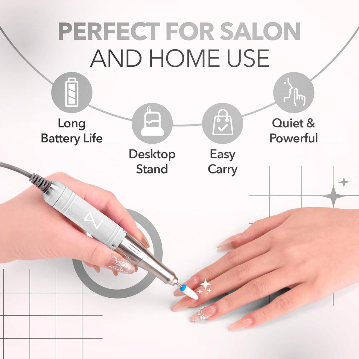 M Mase- Professional Nail Drill Machine - Coreless 2-in-1 Nail File - Electric, Cordless, 35000 RPM, HD Display - Electric Nail Drill for Professional & Home Use (Pink Gold)