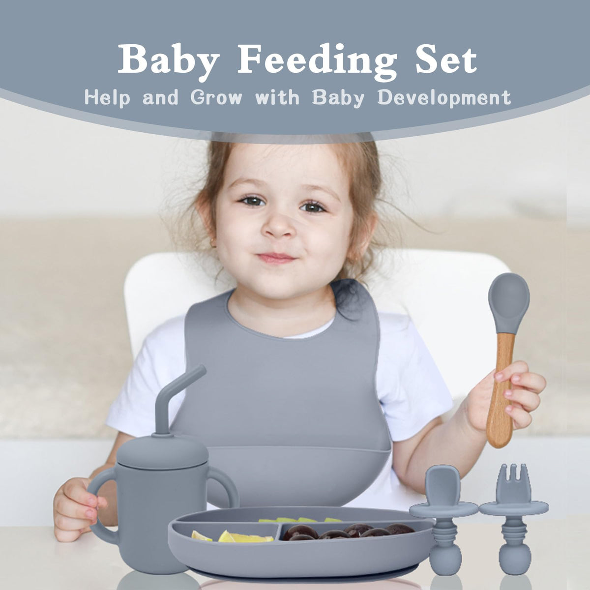 SILI FACTORY Silicone Baby Feeding Set - 10PCS Suction Baby Bowl and Divided Toddler Plates Adjustable Bib Cup Spoons Forks -Baby Led Weaning Supplies, Baby Utensils Eating Essential Set for 6+ Months