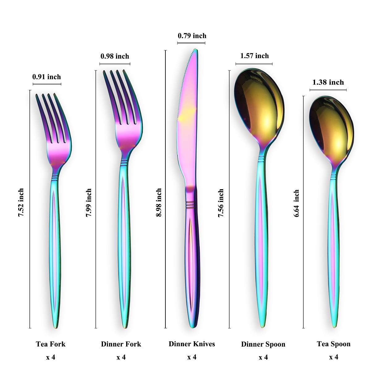 Rainbow Flatware Set 20 Pieces, Stainless Steel Colorful Silverware Set, Titanium Plating Rainbow Cutlery Set, Rainbow Utensil Sets Service Set for 4 (Shiny Rainbow)