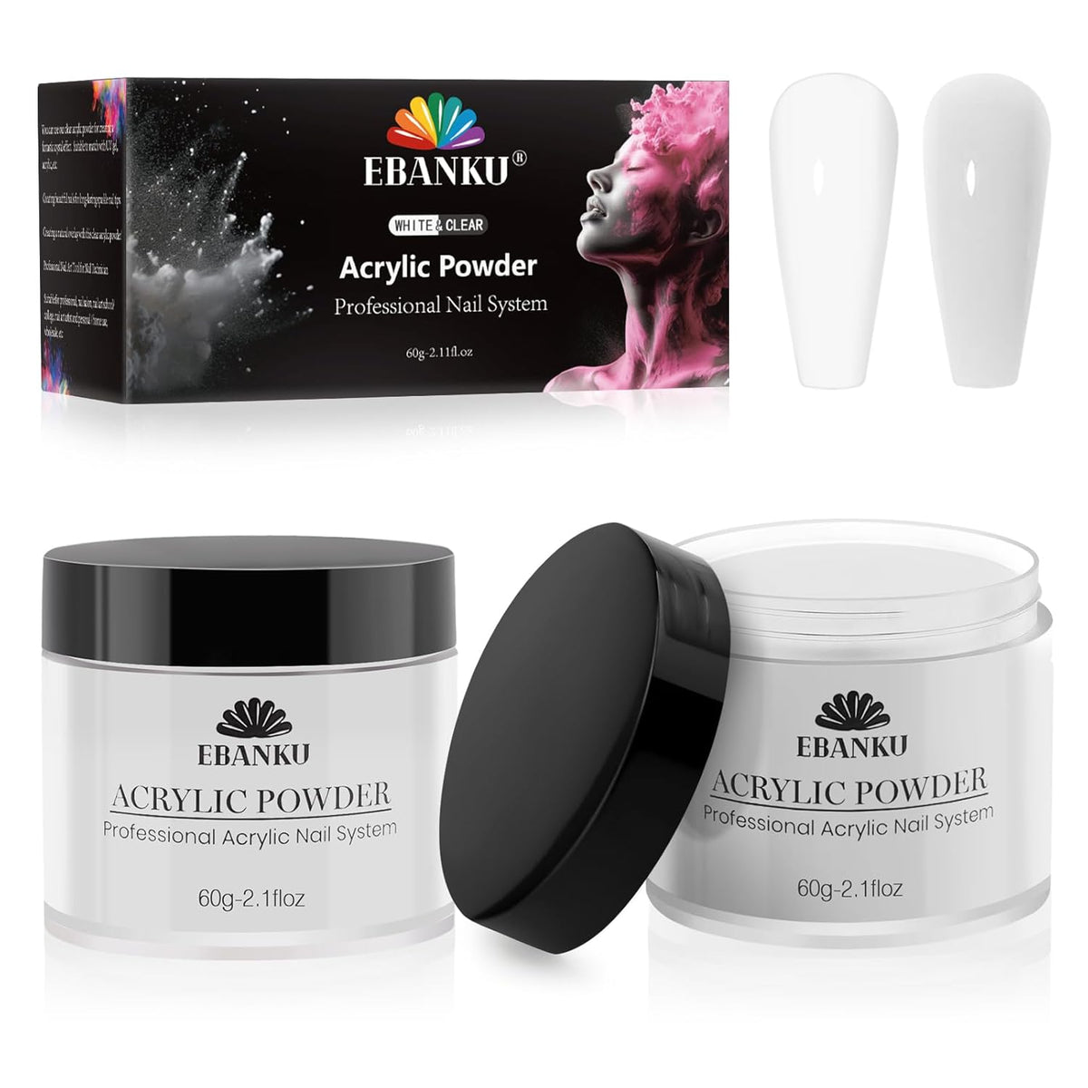 EBANKU 2 Colors Acrylic Nail Powder Set, White Clear Acrylic Powder Professional Nail Acrylic Powder for Nail Acrylic Extension, Nail Carving, Long-Lasting, No Nail Lamp Needed, 2.1 oz