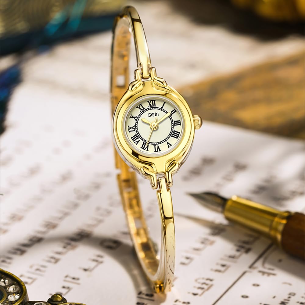 Gosasa Classic Vintage Bangle-Style Women's Watch with Small Dial and Thin Strap Elegant Dress Analog Ladies Wristwatch Fashion Waterproof Quartz Women Gold Watch (Gold)