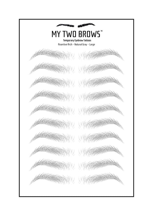 (10 pairs) Natural Gray Temporary Eyebrow Tattoo - Large Size - Waterproof & Smudgeproof - Assertive Arch Style Eyebrow Stickers - Sheet Lasts up to 30 Days - Won't Work on Existing Brows