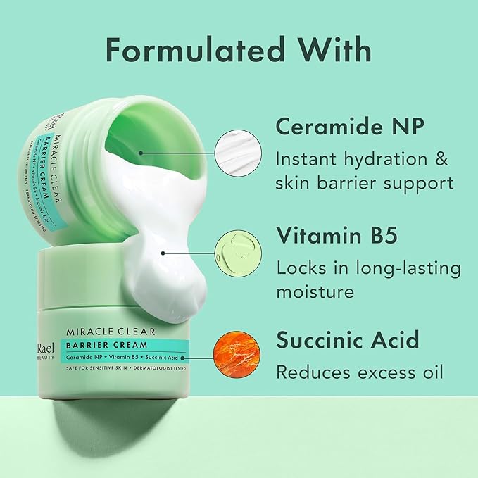 Rael Face Moisturizer, Miracle Clear Barrier Cream, Lightweight Hydration for Oily and Acne Prone, with Succinic Acid, Hydrating Vitamin B5, Vegan, Korean Skin Care (1.8 fl oz)
