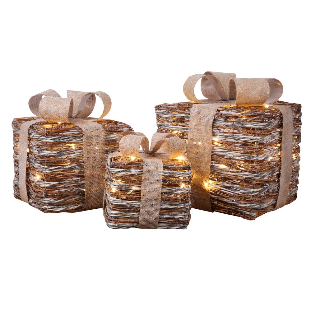 Homegear Christmas Set of 3 Pre-lit Gift Present Boxes w/ 60 LED Lights - Indoor/Outdoor Yard/Lawn Use- Gold Wicker Sparkle