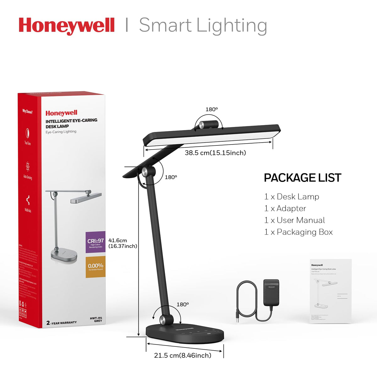Honeywell Desk Lamp for Home Office, H4 Sunturalux™ Eye-Caring LED Desk Light, 700LM Dimmable Desk Lamp with Timer, Adjustable Desk Reading Light, Touch Auto Dimming Table Lamp for Study, Bedroom