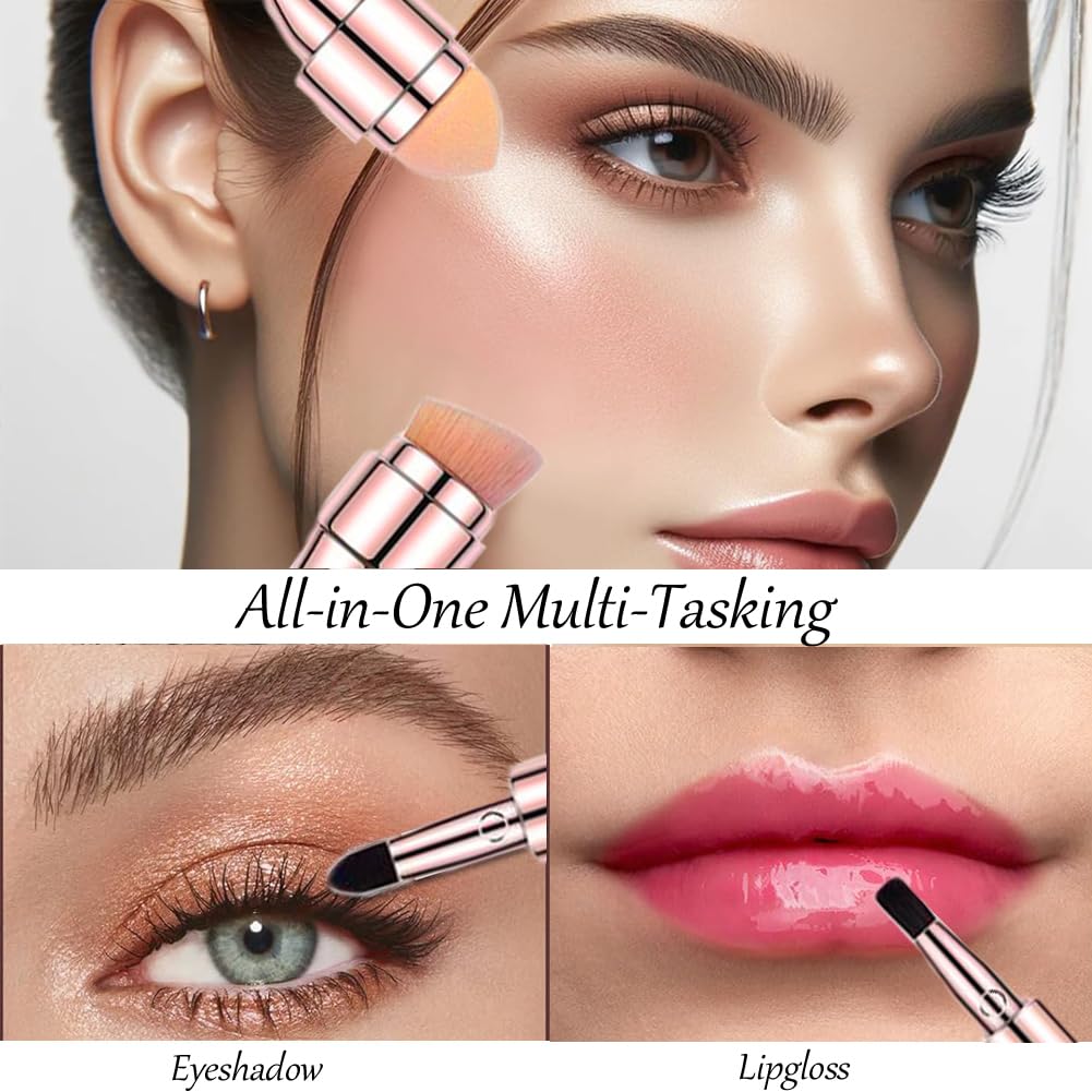 Bling Toman 4 in 1 Makeup Brush,Makeup Sponge,Blush Blending,Eyeshadow,Eyebrow&Liner Lip Face Foundation Mini Travel Brushes Retractable Brush Set (gold brush)