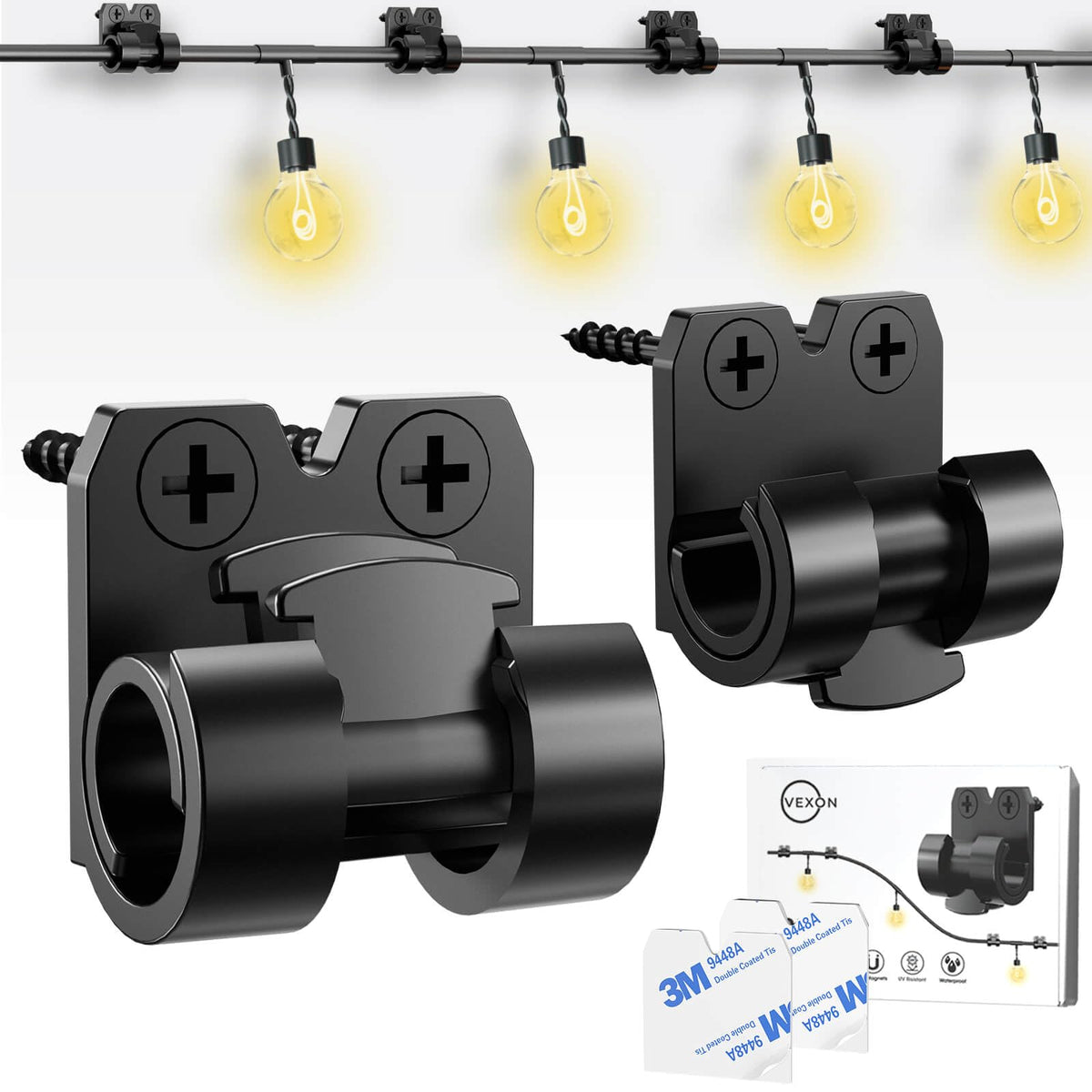 VEXON Hooks for Outdoor String Lights Clips: 25pcs Christmas Light Clips with Waterproof Adhesive for Hanging Balcony Lights - Outside Black String Light Hooks - Decor Garland Hanger - Cable Holders