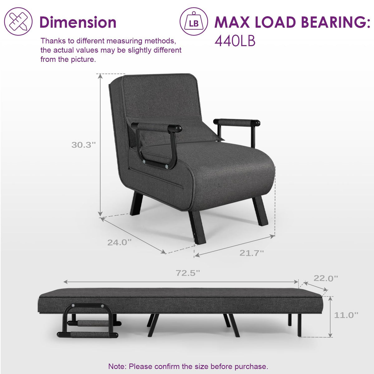 TYBOATLE Sleep Chair Bed, Comfy Convertible Sleeper Chairs for Adults, 5 in 1 Folding Sofa Bed with 5-Position Adjustable Backrest & Pillow, Cozy Small Chair Couch for Small Spaces, Office (Dark Grey)