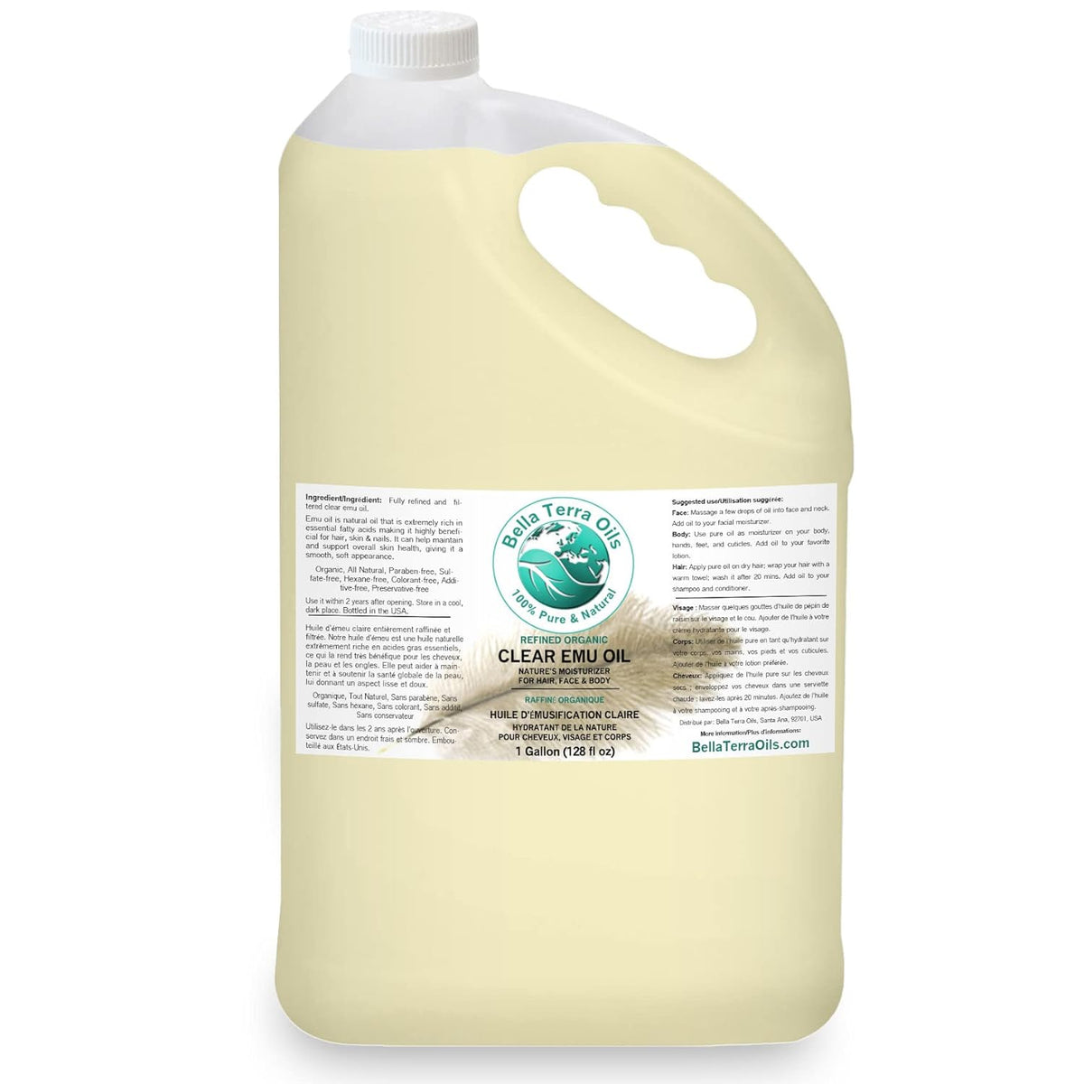 Bella Terra Oils Versatile Clear Emu Oil for Hair, Skin, and Nails – 1 gallon, Non-Greasy, Quick Absorbing