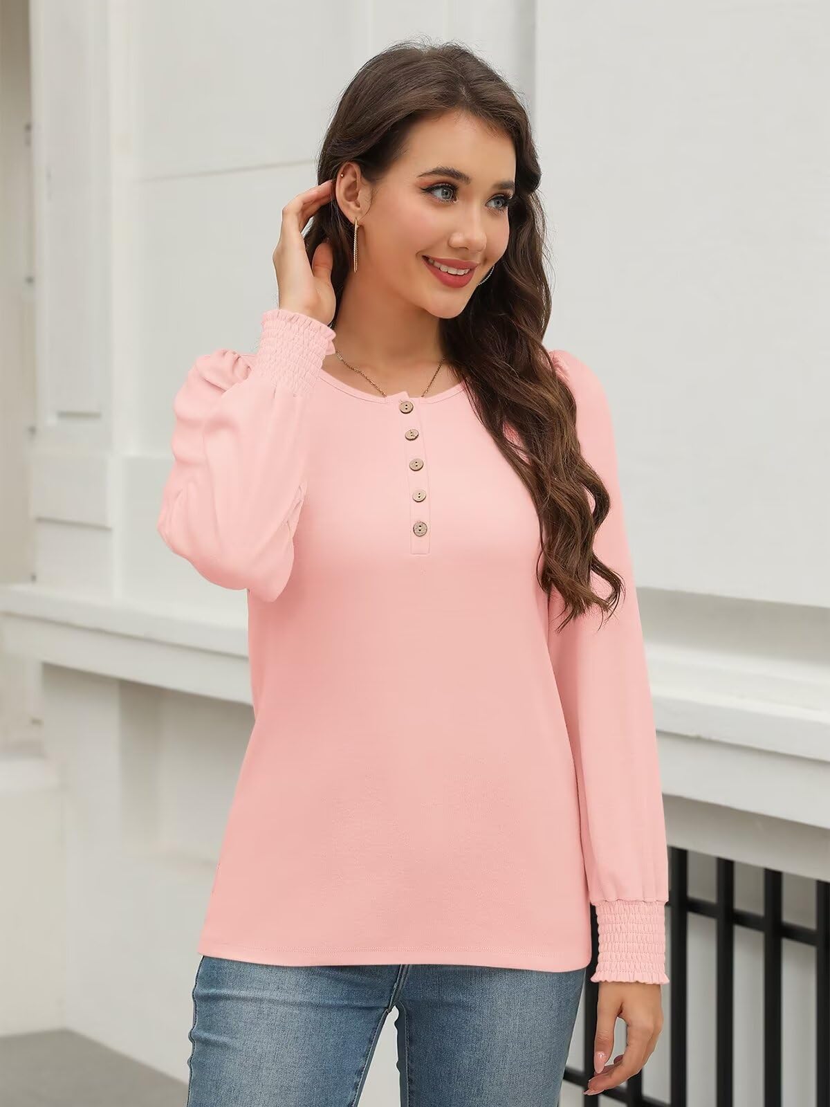 Minetom Women's Long Sleeve Henley Tops Smocked Puff Sleeve Tops Casual Shirts Blouses Pink