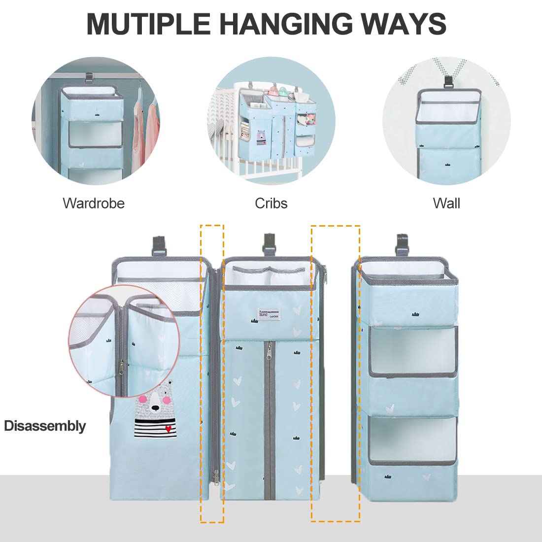TOCKONIMN Hanging Diaper Caddy Organizer for Baby Crib - 3-in-1 Diaper Stacker for Changing Table Nursery Organization Storage Holder for Baby Essentials Attachment Portable Combining (Sky Blue)