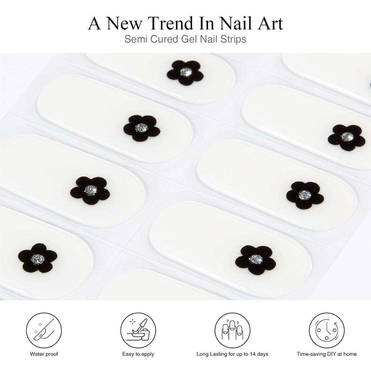 Semi Cured Gel Nail Strips, 20 PCS Gel Nail Stickers Work with UV Light, Gel Nail Wraps, Salon Quality & Easy to Use - Midnight Floral