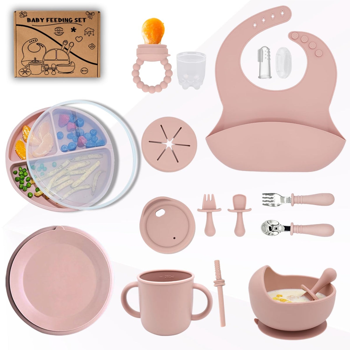 kitchengoodsdude Baby Silicone Feeding Set 16PCS Baby Self Toddler Led Weaning Utensils Sets with Suction Bowl and Plate 2 Set of Baby Spoons and Forks Adjustable Bid, Sippy Cup with Straw and 2 Lids