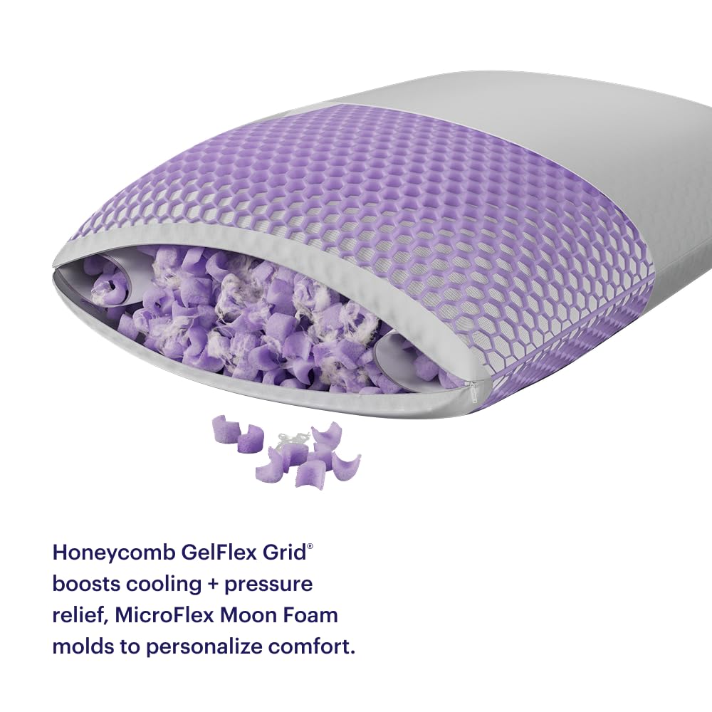 Purple Freeform Pillow - Standard Size, Customizable Support with GelFlex Grid & MicroFlex Moon Foam - Pressure Relief, Cooling, Extra Filling & Adjustable Height