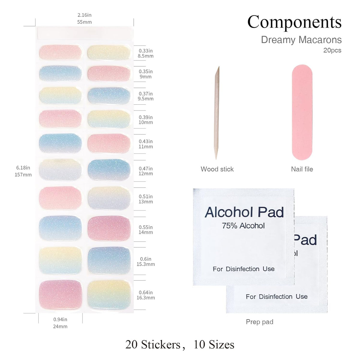 Semi Cured Gel Nail Strips, 20 PCS Gel Nail Stickers Work with UV Light, Salon Quality & Easy to Use - Dreamy Macarons