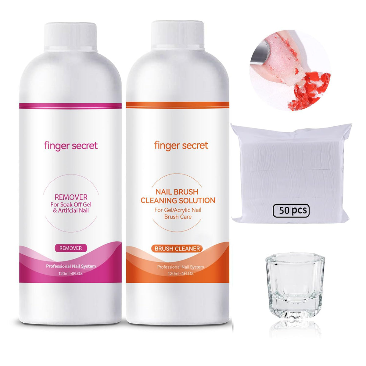Nail Polish Remover Kit Nail Glue Remover & Nail Brush Cleaner Professional Nail Remover Quickly Clean Nail Brushes with Glass Cup Nail Cleaning pads for Nails