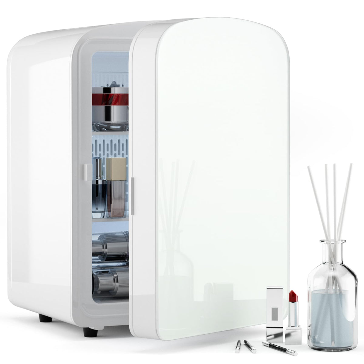 COYCYQI 9L Mini Fridge for Bedroom - Car, College Dorm Room & Office Desk 12v Portable Cooler Warmer Skincare, Beauty Makeup, Drinks, Food AC/DC Small Refrigerator with Glass Front, 110 Volts, Black
