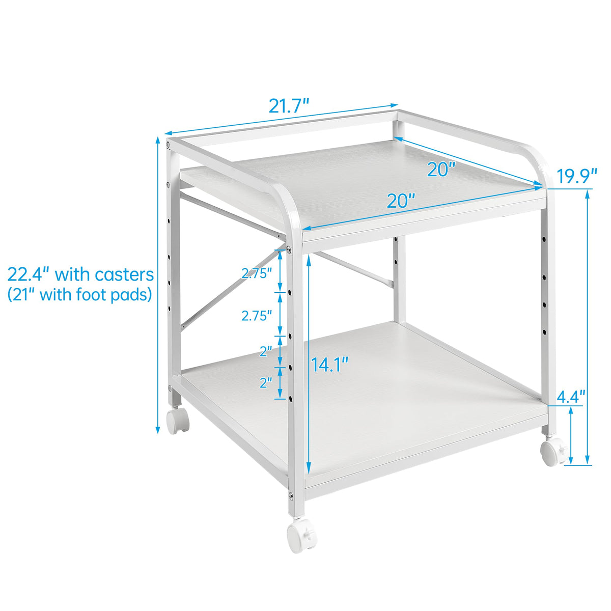 Fannova 20 Inches Deep Large Printer Stand, 2 Tier Under Desk Printer Table with Height Adjustable Shelf, Rolling Printer Cart with Wheels for Home Office Storage - White