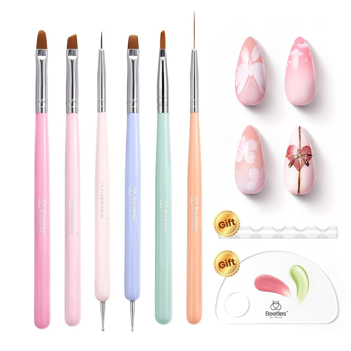 Beetles Nail Art Brushes, 6pcs Nail Art Tool Set, Nail Double-headed Dotting Tools, Striping Nail Art Brushes for Long/Short Lines, Nail Drawing Pen with Nail Brush Holder&Palette For Nail Design