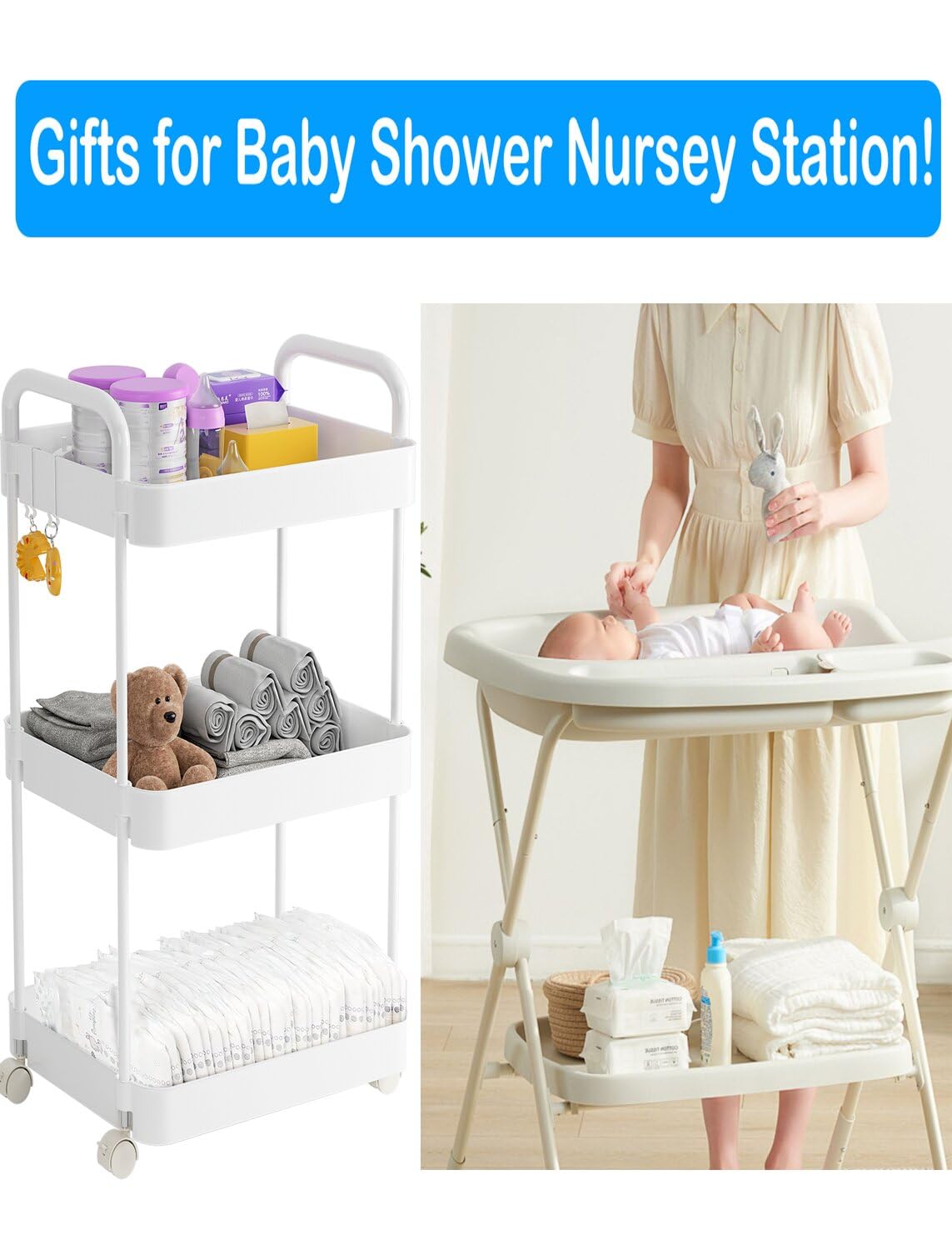 Volnamal Diaper Caddy Organizer, 3-Tier Movable Diaper Cart with Wheels, Newborn Essentials Must Haves, Diaper Caddy for Wipes & Diapers, Baby Registry Search - Plastic White