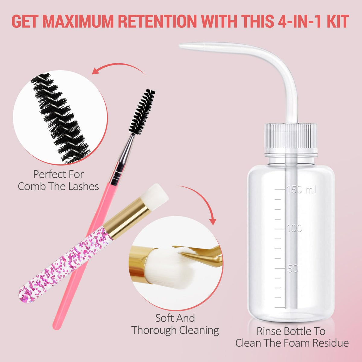EMEDA Lash Shampoo Kit - 3.38 fl.oz / 100ml Gentle Foam Lash Cleanser, Oil-Free Cleaning for Wash Extension/Natural Eyelash Bath with Rinse Bottle Brush (Strawberries)