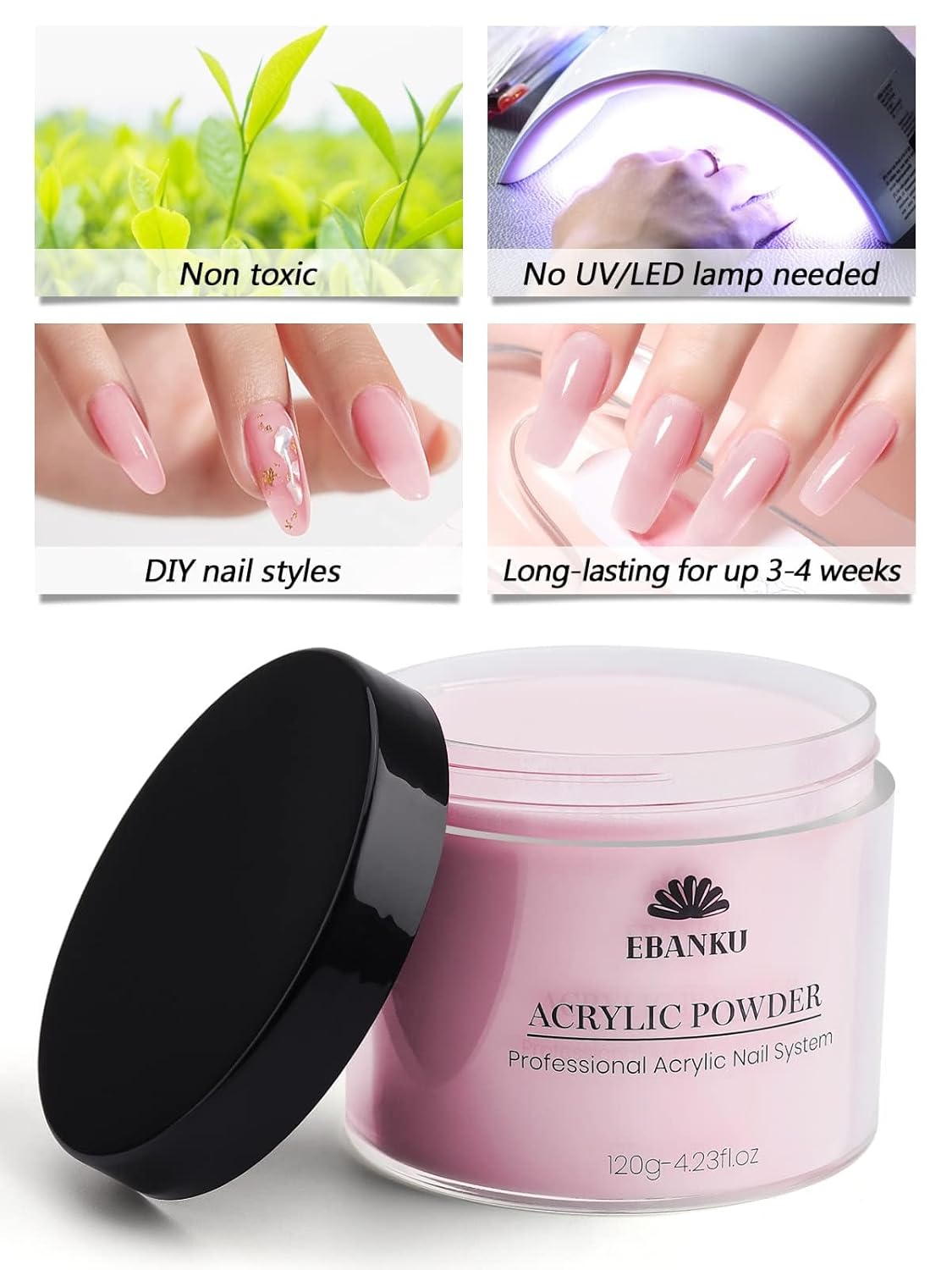 EBANKU Pink Acrylic Powder, 120g/4.23oz Acrylic Powder Large Capacity Professional Acrylic Nail Powder for Nail Acrylic Extension, Nail Carving, Long-Lasting, No Nail Lamp Needed
