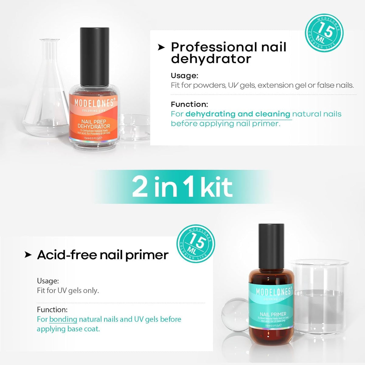modelones 15 ml Nail Dehydrator and Primer, Acid Free Base Coat Natural Prep Dehydrate & Bond Primer Kit, Hema-Free Acrylic Nail Supplies