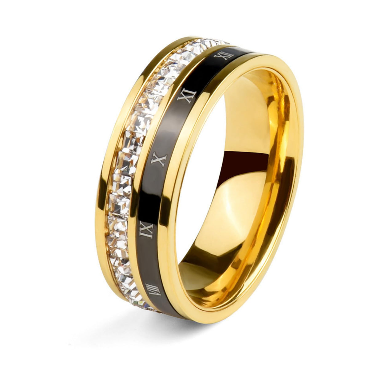 18K Gold Plated Roman Numeral Cubic Zirconia Ring for Men, Square CZ Gold Rings for Men, Spinner Silver Mens Rings Stainless Steel Size 5-13 (Gold Zirconia Ring, 9)