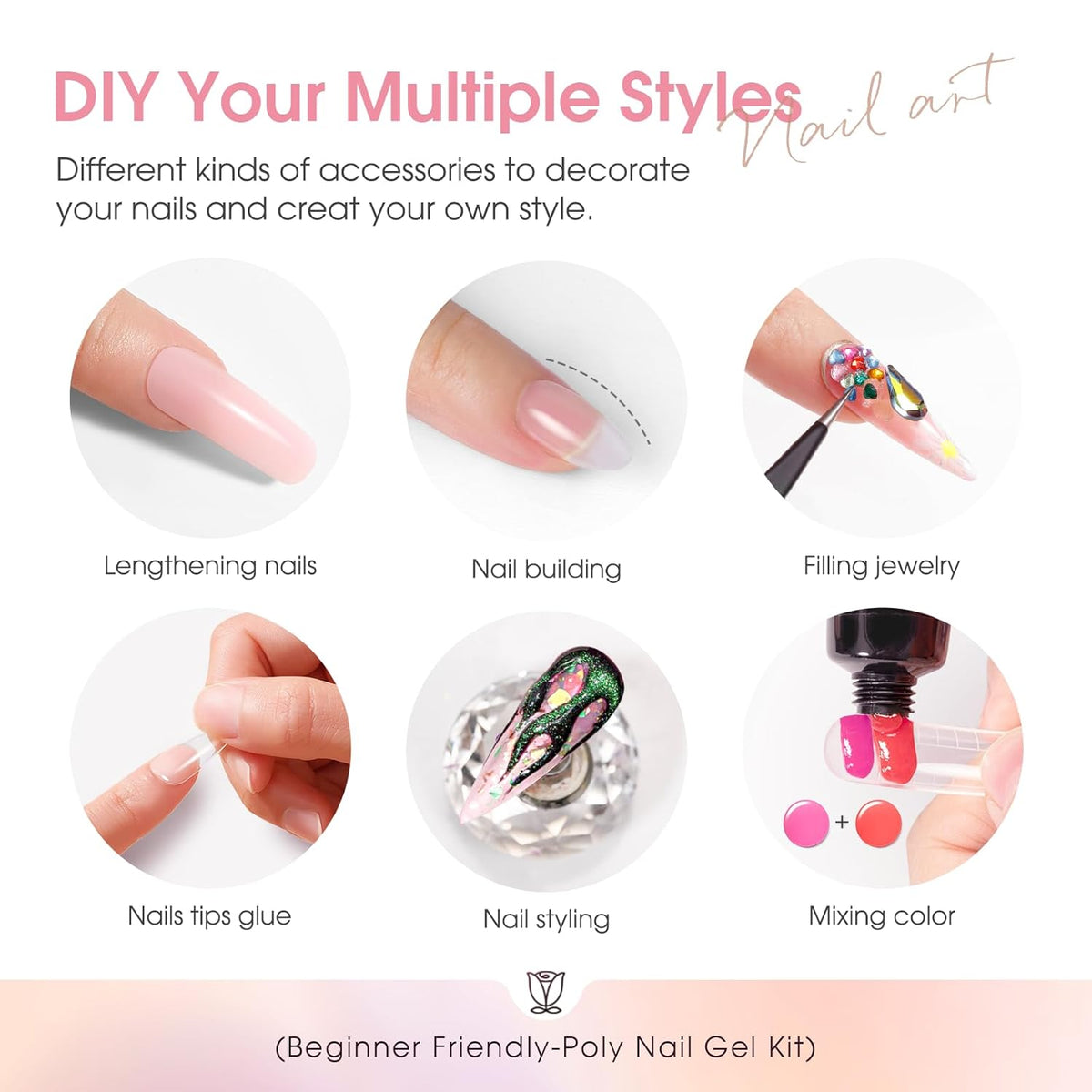 ROSALIND Poly Nail Gel Kit -14 Colors +72 Nail Art Accessories kit Nude Pink Poly Nails Gel Kit Starter Kit with Mini UV Lamp Slip Solution Basic Poly Nail Art Tools for Beginners with Everything